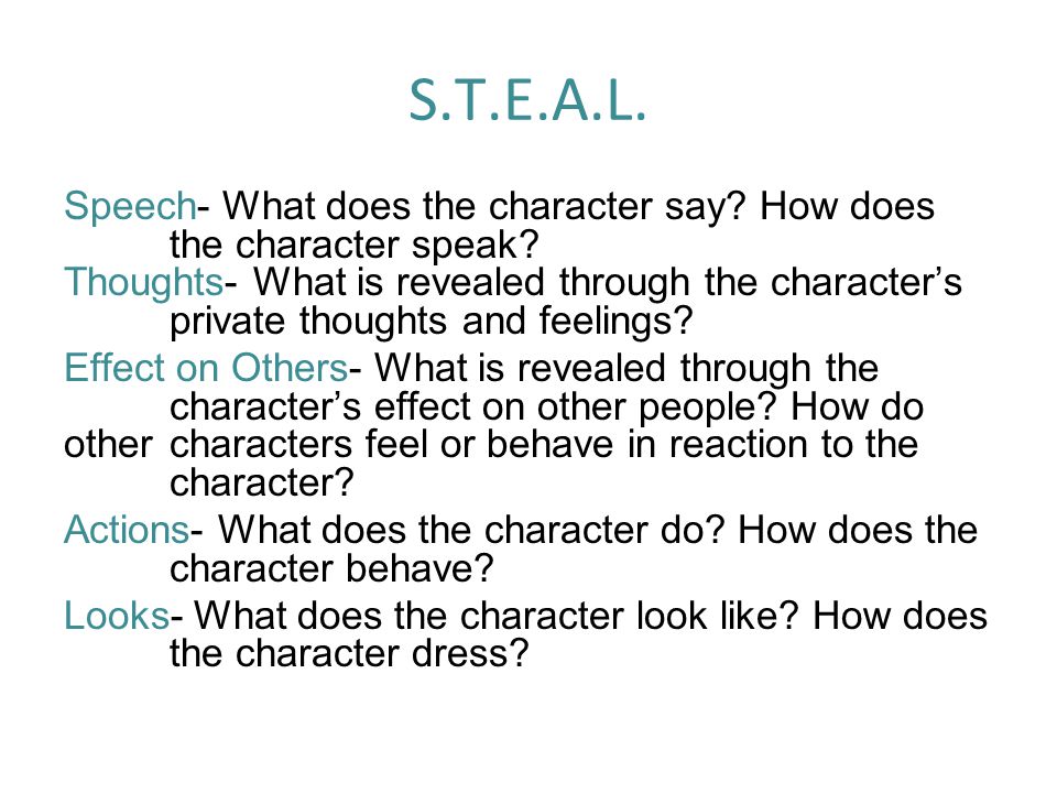 S.T.E.A.L. Speech- What does the character say. How does the character speak.
