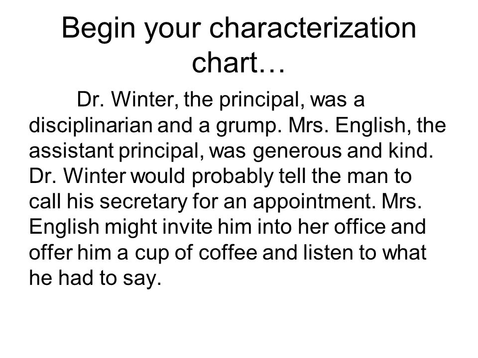 Begin your characterization chart… Dr. Winter, the principal, was a disciplinarian and a grump.
