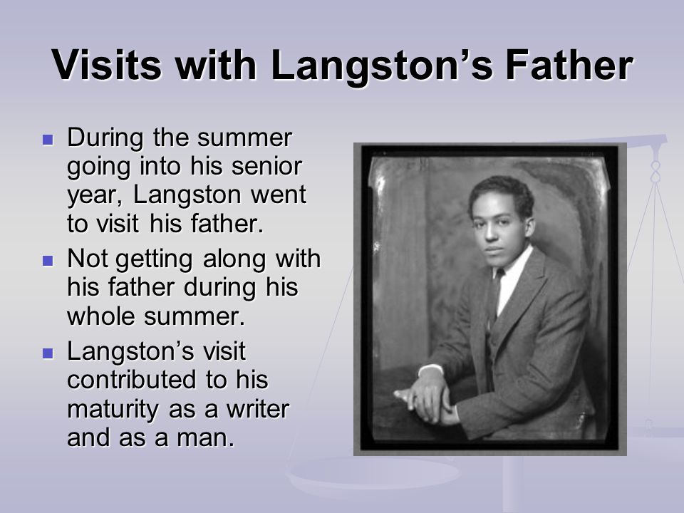 Visits with Langston’s Father During the summer going into his senior year, Langston went to visit his father.
