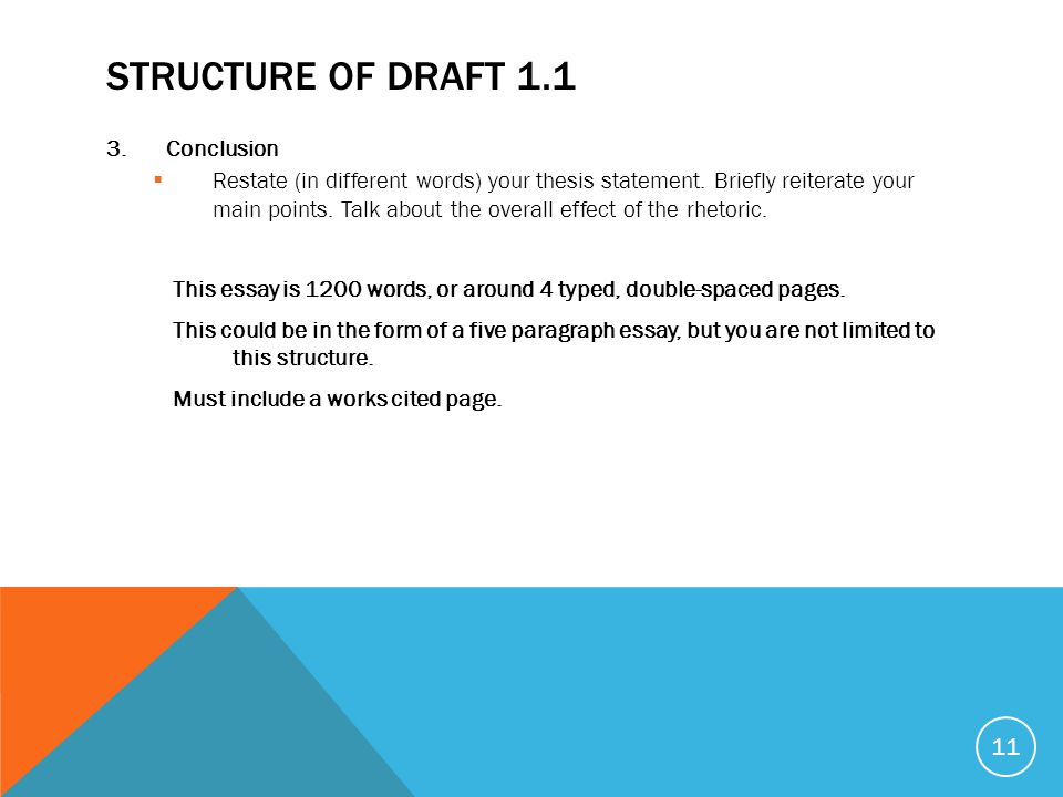 STRUCTURE OF DRAFT Conclusion  Restate (in different words) your thesis statement.