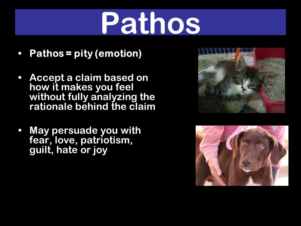 Pathos Pathos = pity (emotion) Accept a claim based on how it makes you feel without fully analyzing the rationale behind the claim May persuade you with fear, love, patriotism, guilt, hate or joy