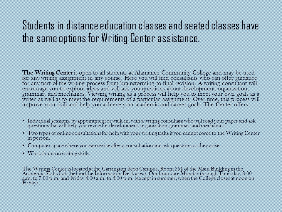 Students in distance education classes and seated classes have the same options for Writing Center assistance.