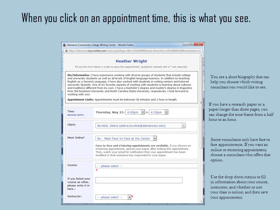 When you click on an appointment time, this is what you see.