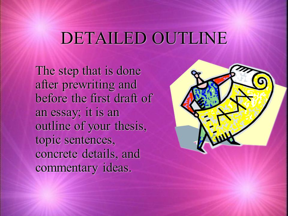 DETAILED OUTLINE The step that is done after prewriting and before the first draft of an essay; it is an outline of your thesis, topic sentences, concrete details, and commentary ideas.