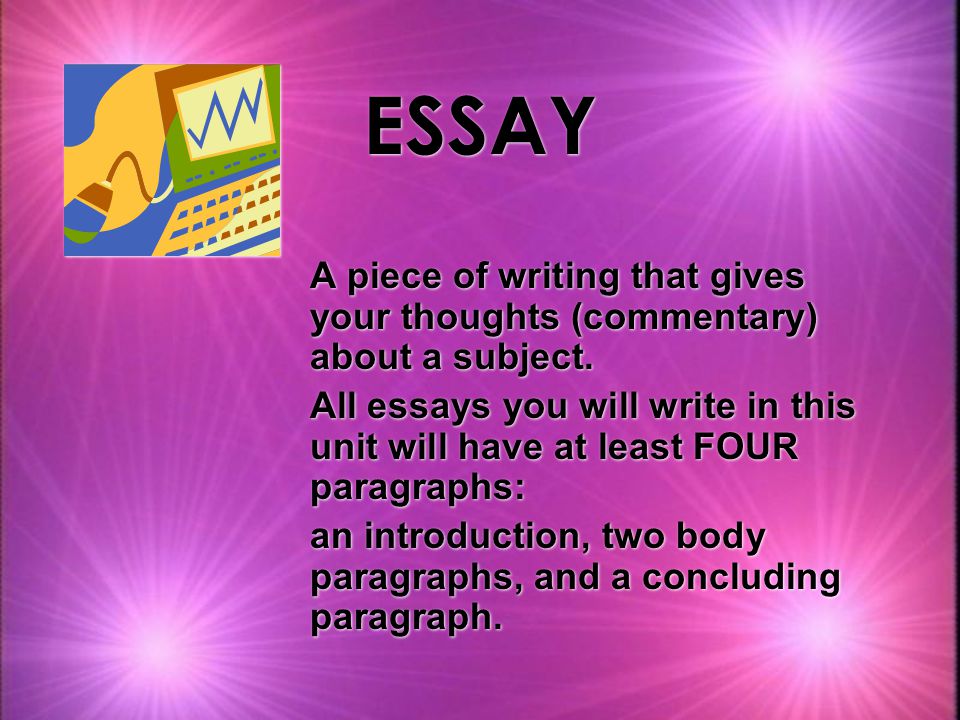 ESSAY A piece of writing that gives your thoughts (commentary) about a subject.