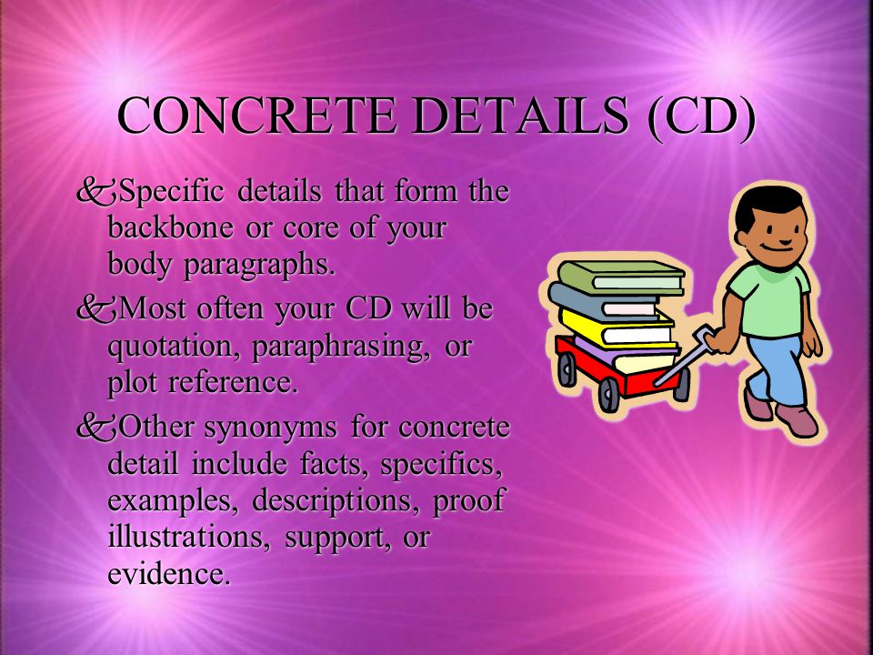 CONCRETE DETAILS (CD) kSpecific details that form the backbone or core of your body paragraphs.