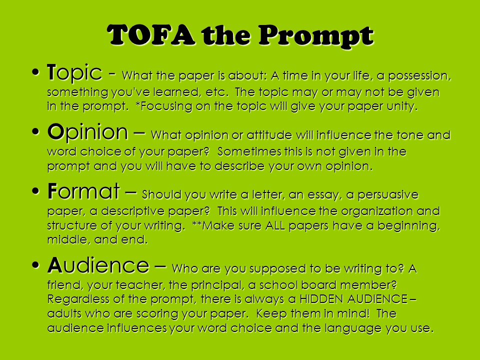 TOFA the Prompt T opic - What the paper is about: A time in your life, a possession, something you’ve learned, etc.