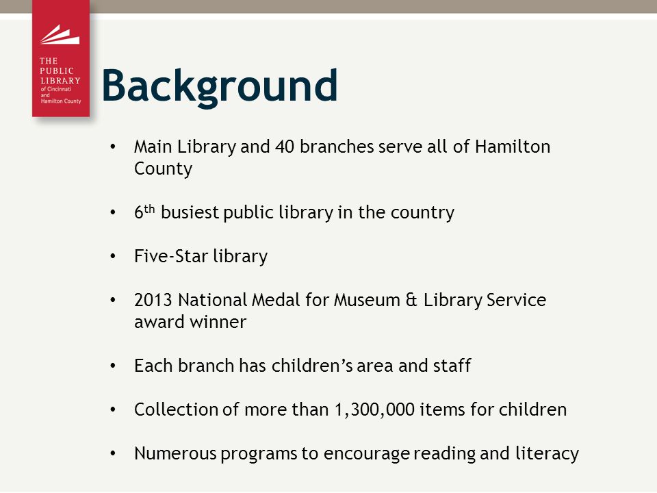 Main Library and 40 branches serve all of Hamilton County 6 th busiest public library in the country Five-Star library 2013 National Medal for Museum & Library Service award winner Each branch has children’s area and staff Collection of more than 1,300,000 items for children Numerous programs to encourage reading and literacy Background