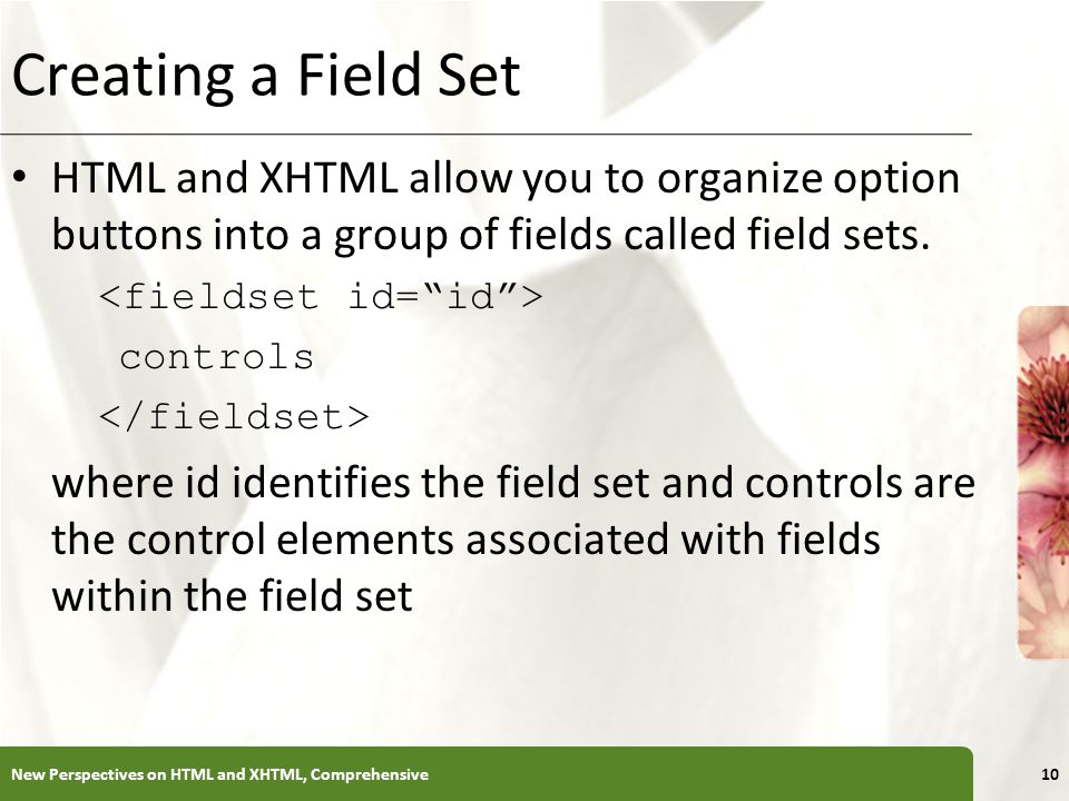 XP Creating a Field Set HTML and XHTML allow you to organize option buttons into a group of fields called field sets.
