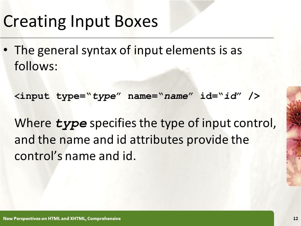 XP Creating Input Boxes The general syntax of input elements is as follows: Where type specifies the type of input control, and the name and id attributes provide the control’s name and id.