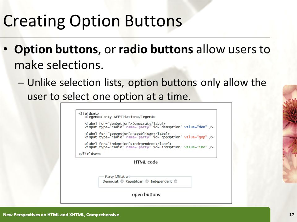 XP Creating Option Buttons New Perspectives on HTML and XHTML, Comprehensive17 Option buttons, or radio buttons allow users to make selections.