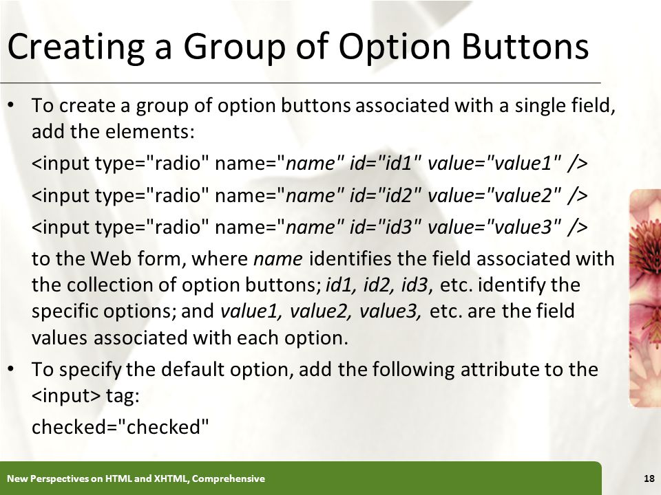 XP Creating a Group of Option Buttons New Perspectives on HTML and XHTML, Comprehensive18 To create a group of option buttons associated with a single field, add the elements: to the Web form, where name identifies the field associated with the collection of option buttons; id1, id2, id3, etc.