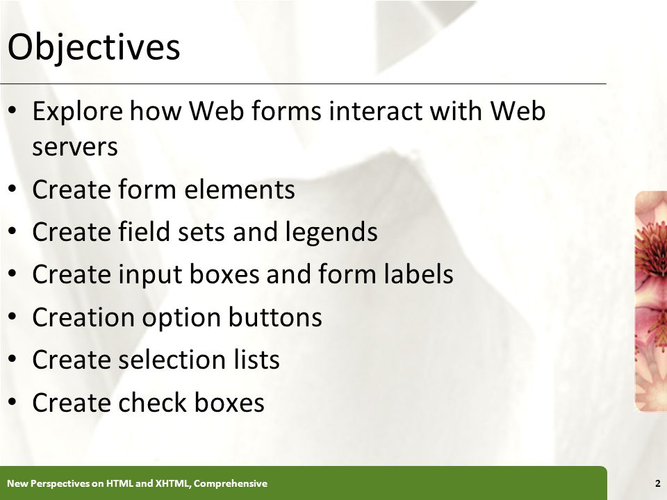 XP Objectives Explore how Web forms interact with Web servers Create form elements Create field sets and legends Create input boxes and form labels Creation option buttons Create selection lists Create check boxes New Perspectives on HTML and XHTML, Comprehensive2