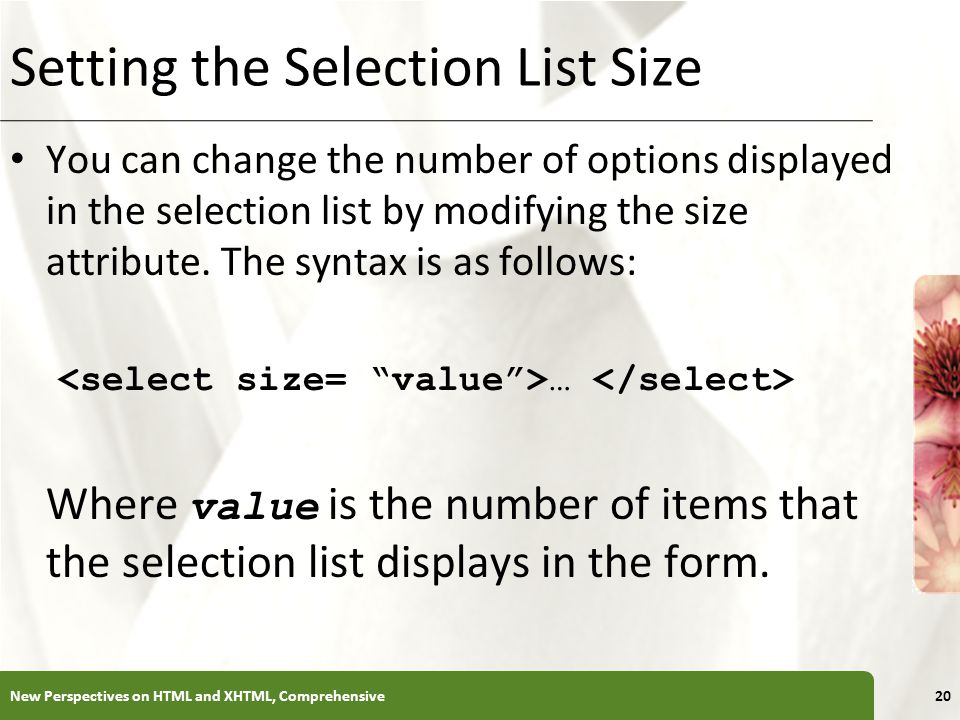 XP Setting the Selection List Size You can change the number of options displayed in the selection list by modifying the size attribute.