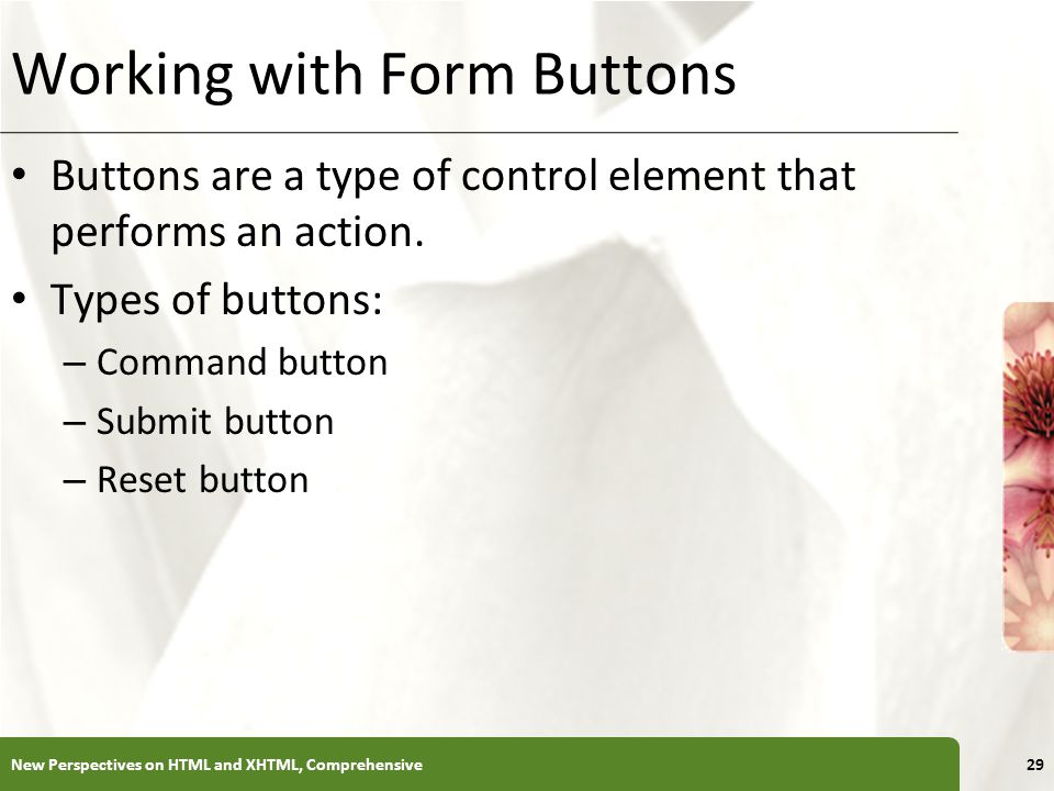 XP Working with Form Buttons Buttons are a type of control element that performs an action.