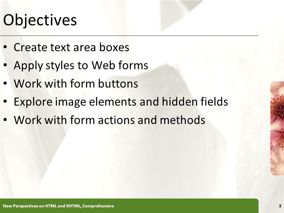 XP Objectives Create text area boxes Apply styles to Web forms Work with form buttons Explore image elements and hidden fields Work with form actions and methods New Perspectives on HTML and XHTML, Comprehensive3