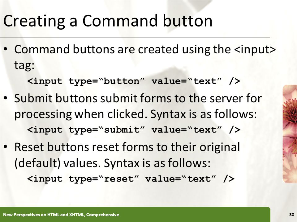 XP Creating a Command button Command buttons are created using the tag: Submit buttons submit forms to the server for processing when clicked.
