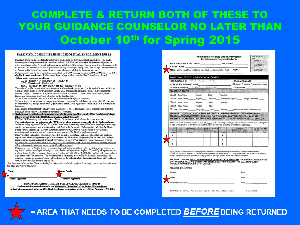 COMPLETE & RETURN BOTH OF THESE TO YOUR GUIDANCE COUNSELOR NO LATER THAN October 10 th for Spring 2015 = AREA THAT NEEDS TO BE COMPLETED BEFORE BEING RETURNED