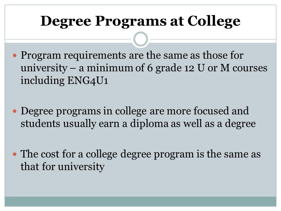 Degree Programs at College Program requirements are the same as those for university – a minimum of 6 grade 12 U or M courses including ENG4U1 Degree programs in college are more focused and students usually earn a diploma as well as a degree The cost for a college degree program is the same as that for university