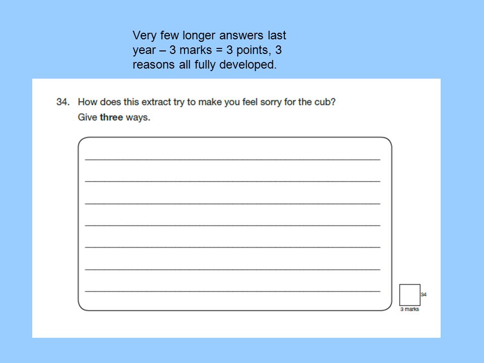Very few longer answers last year – 3 marks = 3 points, 3 reasons all fully developed.