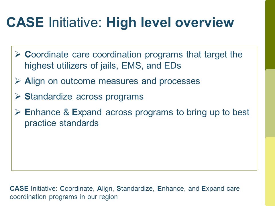 CASE Initiative: High level overview  Coordinate care coordination programs that target the highest utilizers of jails, EMS, and EDs  Align on outcome measures and processes  Standardize across programs  Enhance & Expand across programs to bring up to best practice standards CASE Initiative: Coordinate, Align, Standardize, Enhance, and Expand care coordination programs in our region