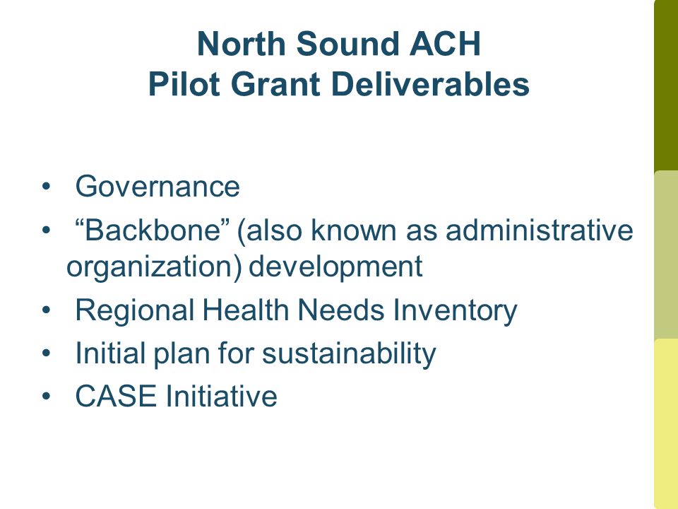 North Sound ACH Pilot Grant Deliverables Governance Backbone (also known as administrative organization) development Regional Health Needs Inventory Initial plan for sustainability CASE Initiative