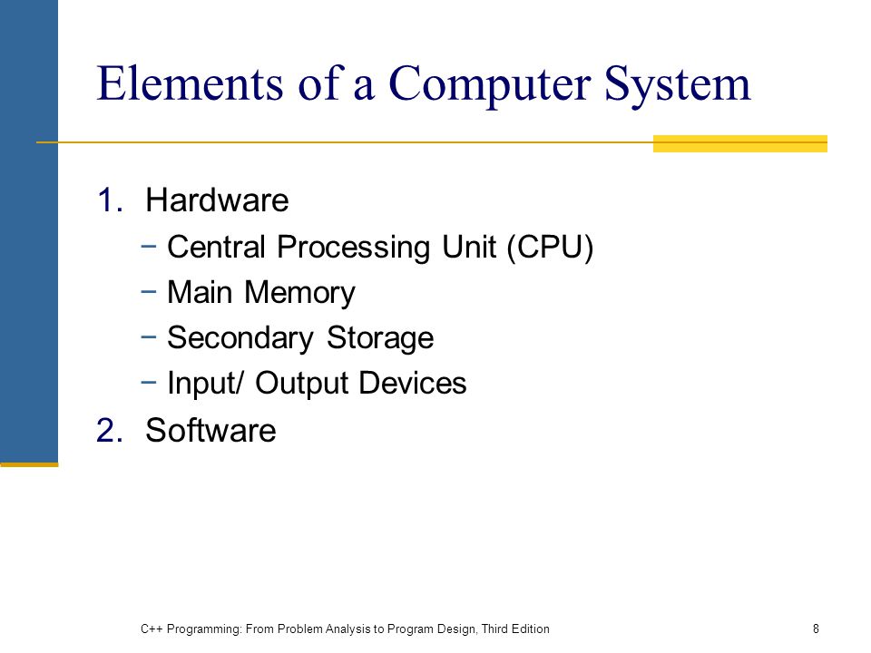 Elements of a Computer System 1.Hardware −Central Processing Unit (CPU) −Main Memory −Secondary Storage −Input/ Output Devices 2.Software C++ Programming: From Problem Analysis to Program Design, Third Edition8