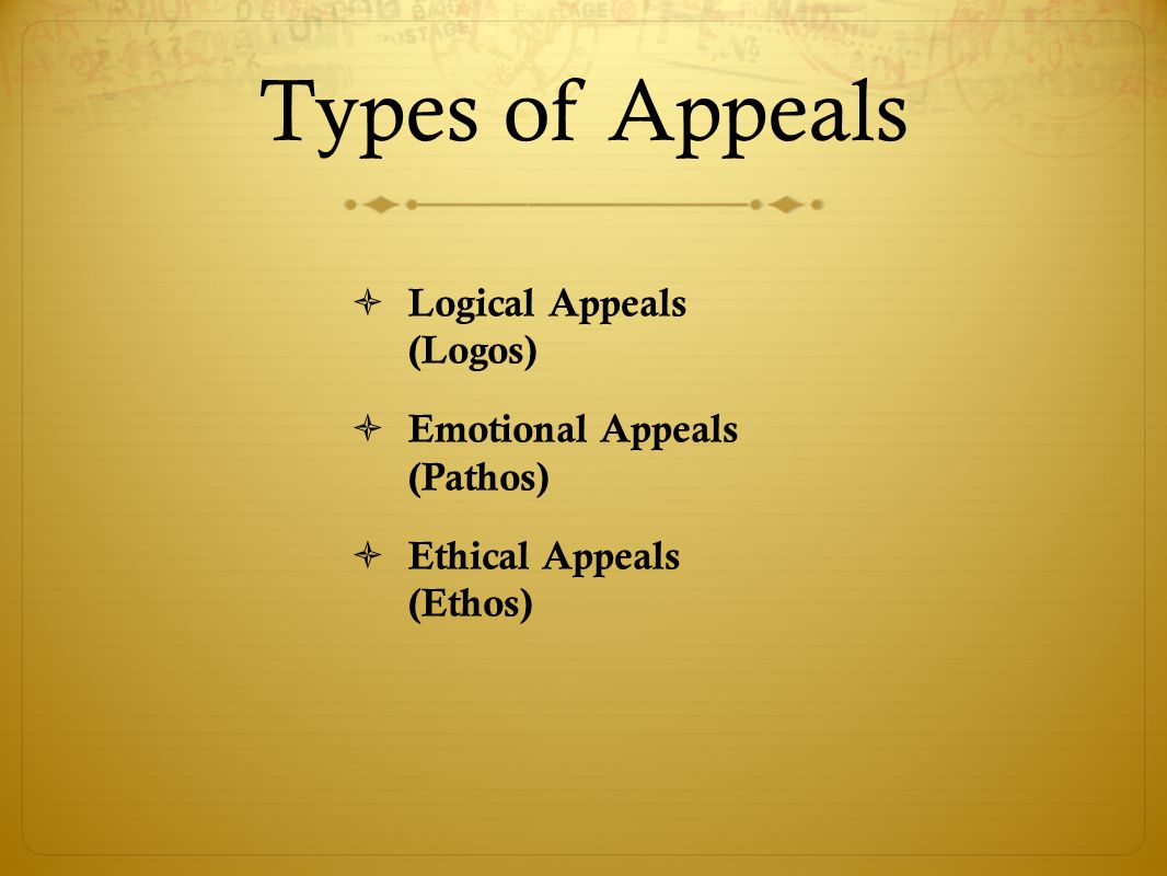 Types of Appeals  Logical Appeals (Logos)  Emotional Appeals (Pathos)  Ethical Appeals (Ethos)