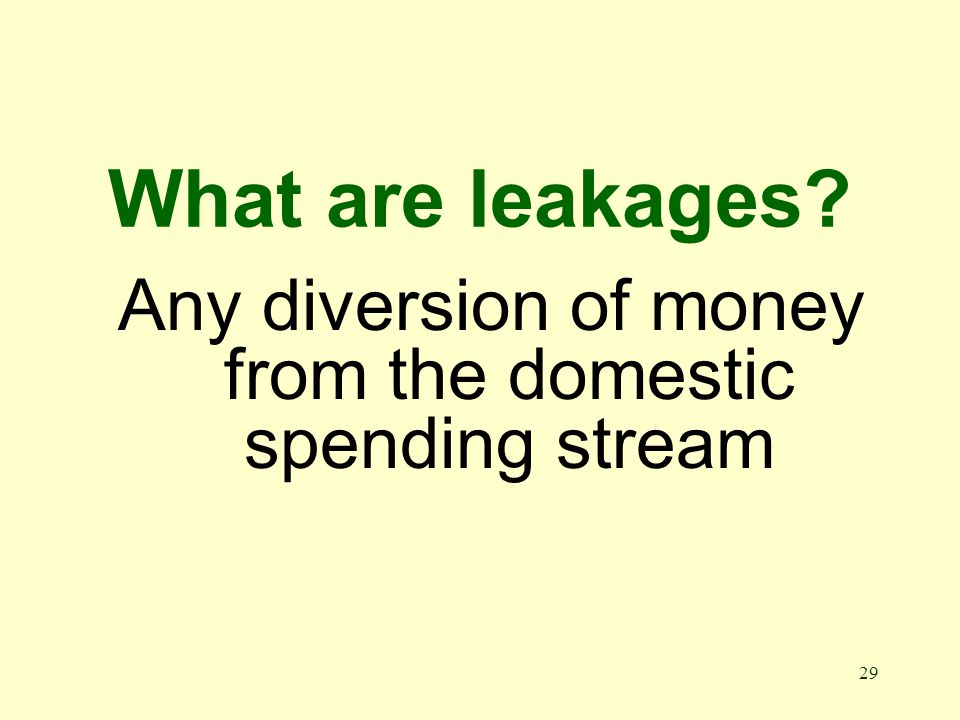 29 What are leakages Any diversion of money from the domestic spending stream