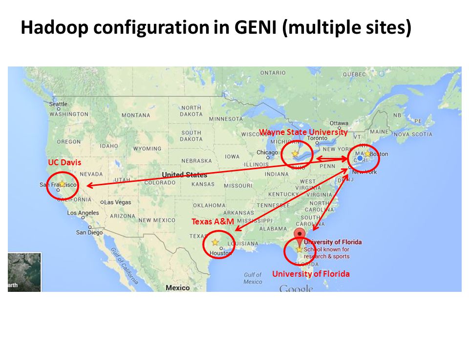 Hadoop configuration in GENI (multiple sites) Wayne State University UC Davis Texas A&M University of Florida