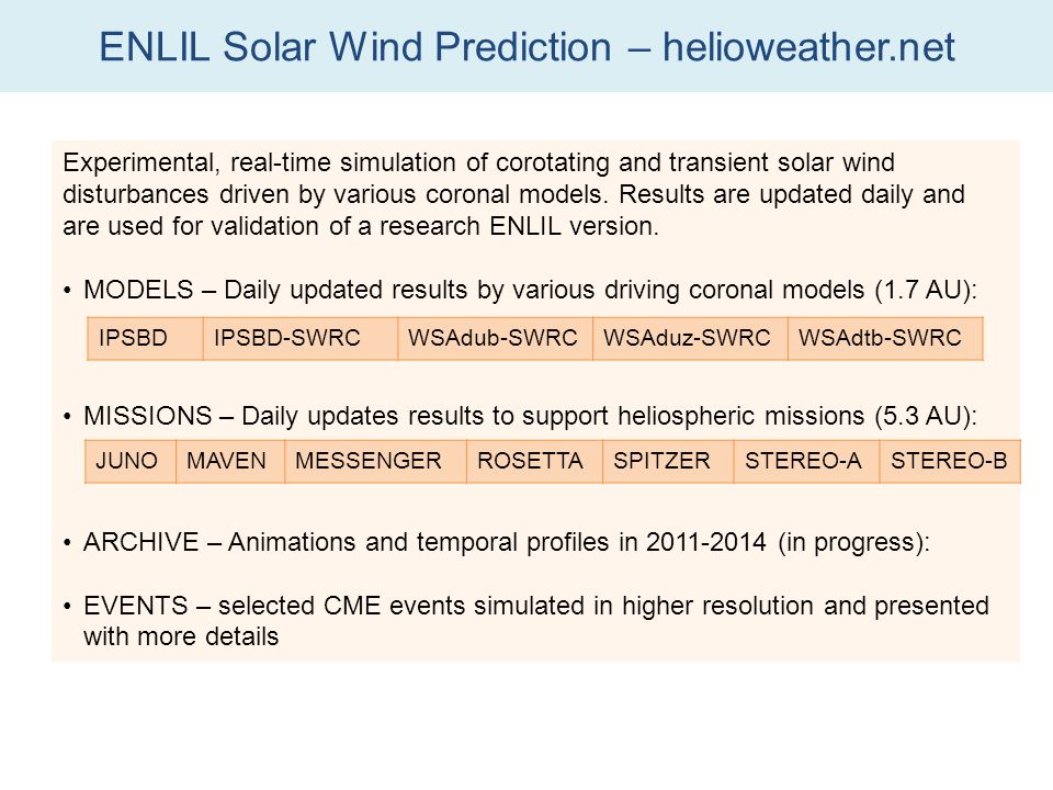 ENLIL Solar Wind Prediction – helioweather.net Experimental, real-time simulation of corotating and transient solar wind disturbances driven by various coronal models.