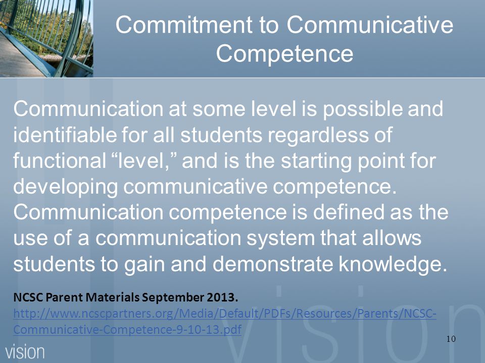 Commitment to Communicative Competence Communication at some level is possible and identifiable for all students regardless of functional level, and is the starting point for developing communicative competence.