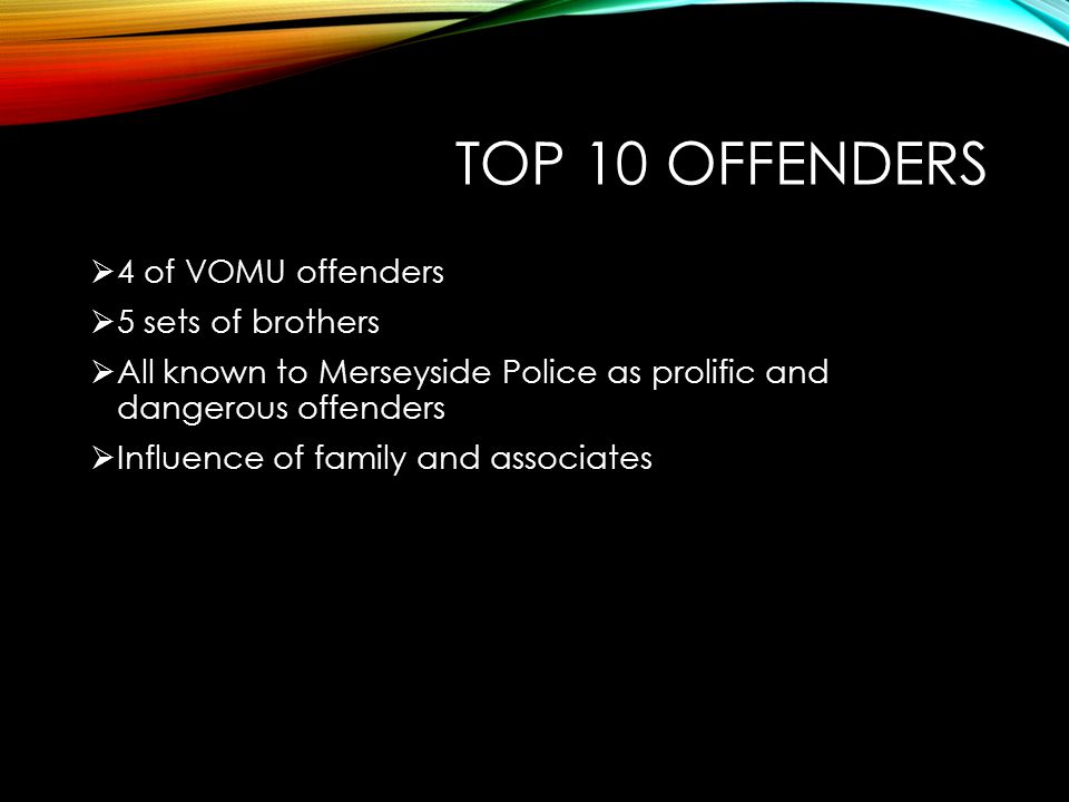 TOP 10 OFFENDERS  4 of VOMU offenders  5 sets of brothers  All known to Merseyside Police as prolific and dangerous offenders  Influence of family and associates