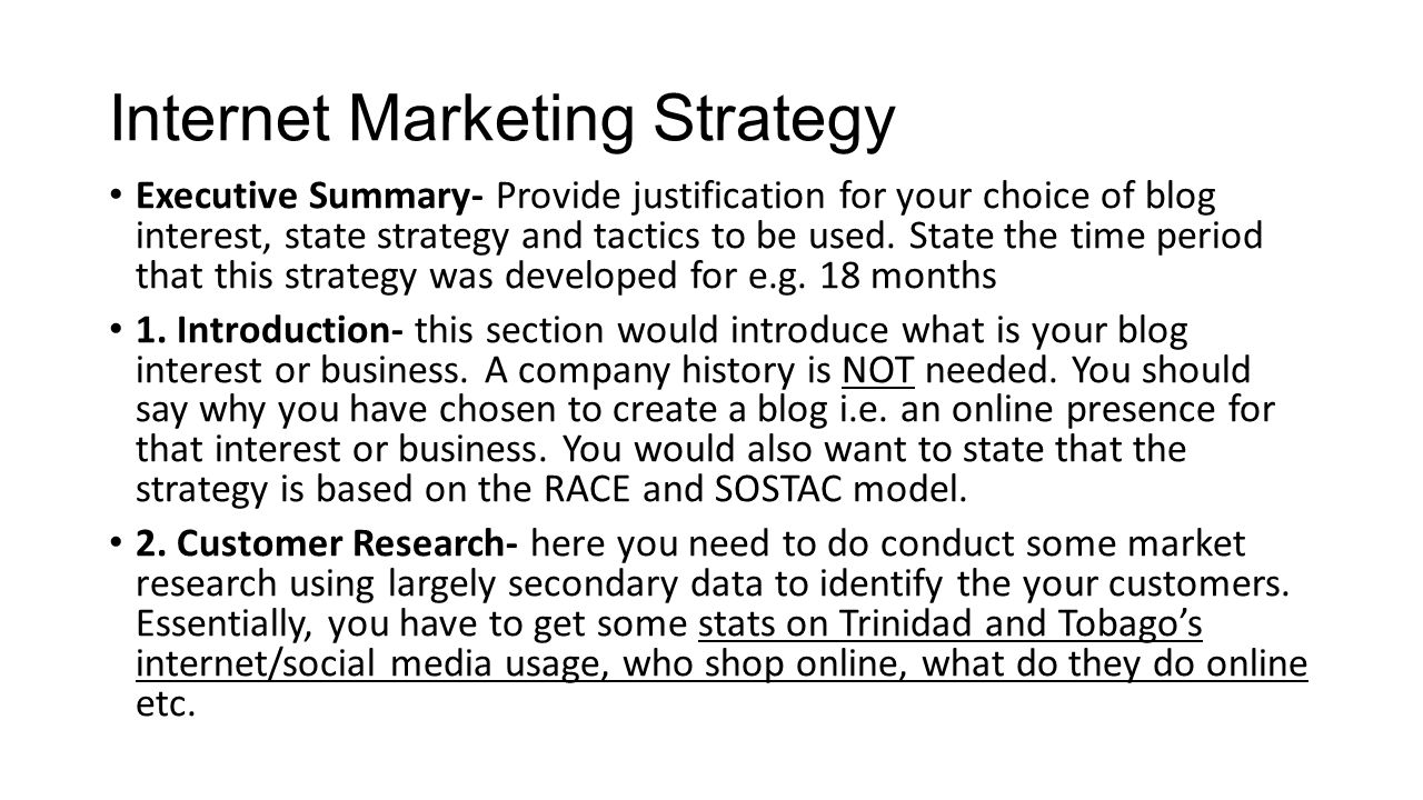 Internet Marketing Strategy Executive Summary- Provide justification for your choice of blog interest, state strategy and tactics to be used.