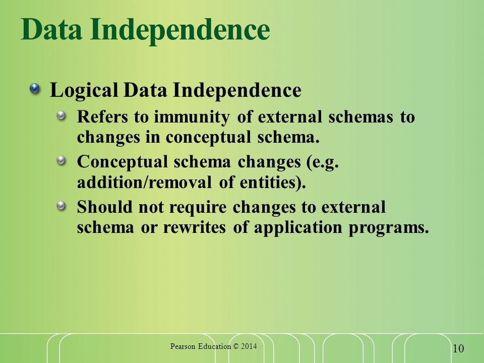 Data Independence Logical Data Independence Refers to immunity of external schemas to changes in conceptual schema.