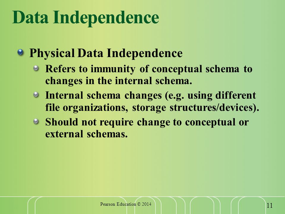 Data Independence Physical Data Independence Refers to immunity of conceptual schema to changes in the internal schema.