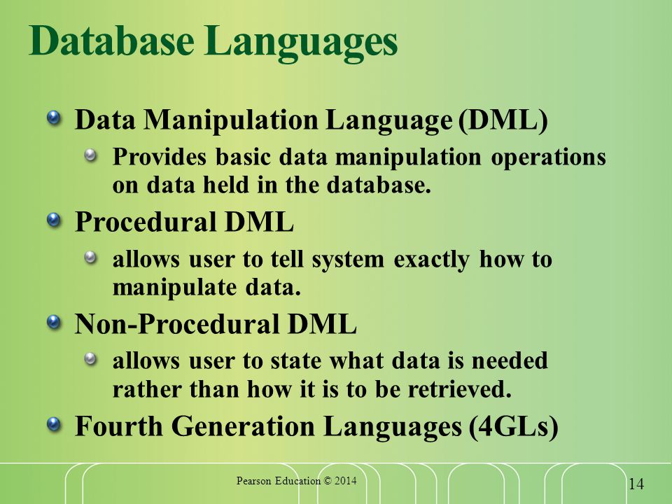 Database Languages Data Manipulation Language (DML) Provides basic data manipulation operations on data held in the database.