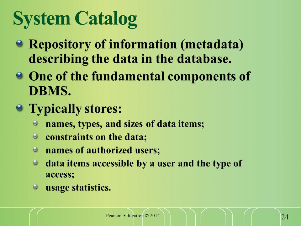 System Catalog Repository of information (metadata) describing the data in the database.