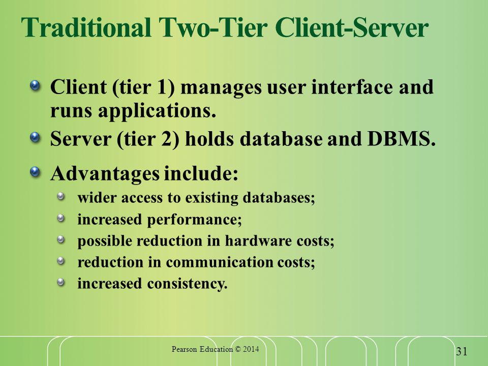 Traditional Two-Tier Client-Server Client (tier 1) manages user interface and runs applications.