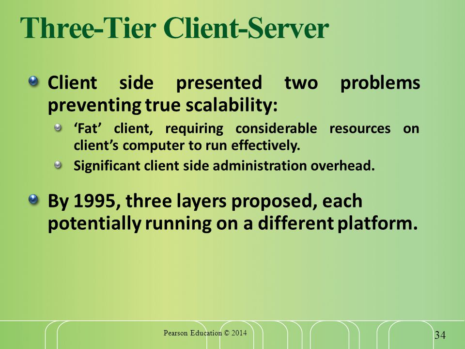 Three-Tier Client-Server Client side presented two problems preventing true scalability: ‘Fat’ client, requiring considerable resources on client’s computer to run effectively.