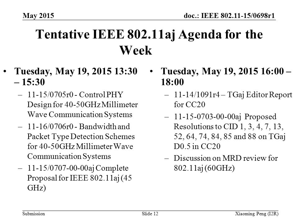 doc.: IEEE /0698r1 Submission Tentative IEEE aj Agenda for the Week Tuesday, May 19, :30 – 15:30 –11-15/0705r0 - Control PHY Design for 40-50GHz Millimeter Wave Communication Systems –11-16/0706r0 - Bandwidth and Packet Type Detection Schemes for 40-50GHz Millimeter Wave Communication Systems –11-15/ aj Complete Proposal for IEEE aj (45 GHz) Slide 12Xiaoming Peng (I2R) May 2015 Tuesday, May 19, :00 – 18:00 –11-14/1091r4 – TGaj Editor Report for CC20 – aj Proposed Resolutions to CID 1, 3, 4, 7, 13, 52, 64, 74, 84, 85 and 88 on TGaj D0.5 in CC20 –Discussion on MRD review for aj (60GHz)