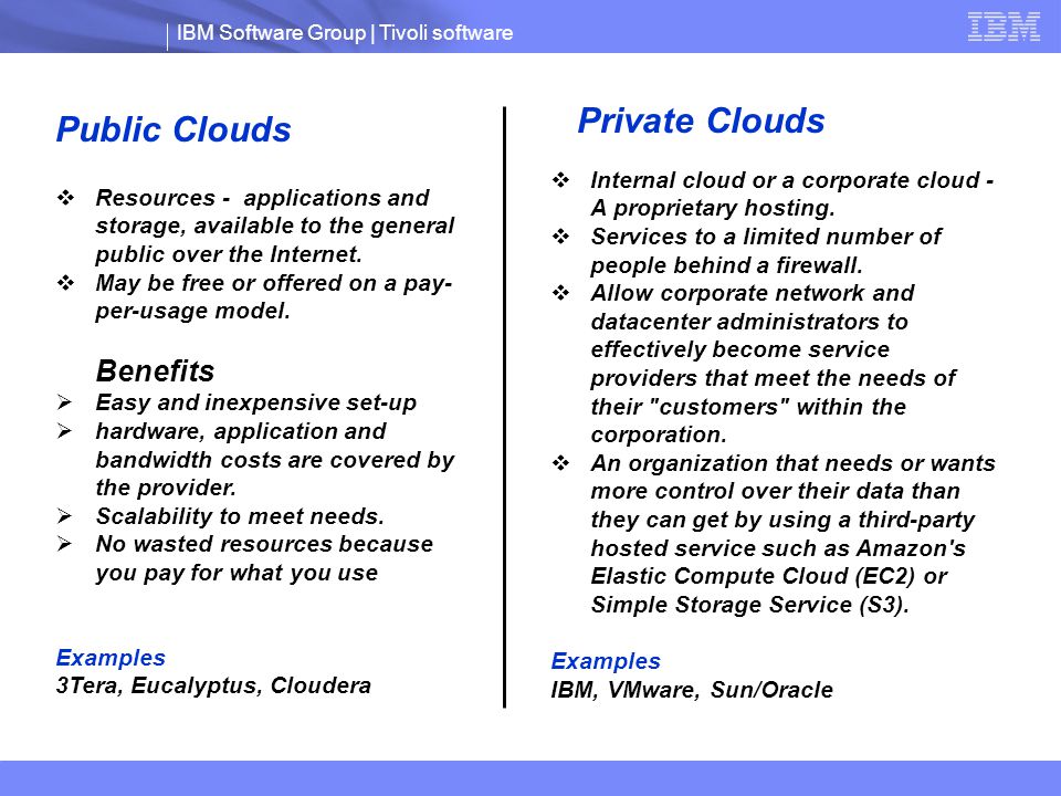 IBM Software Group | Tivoli software Public Clouds  Resources - applications and storage, available to the general public over the Internet.