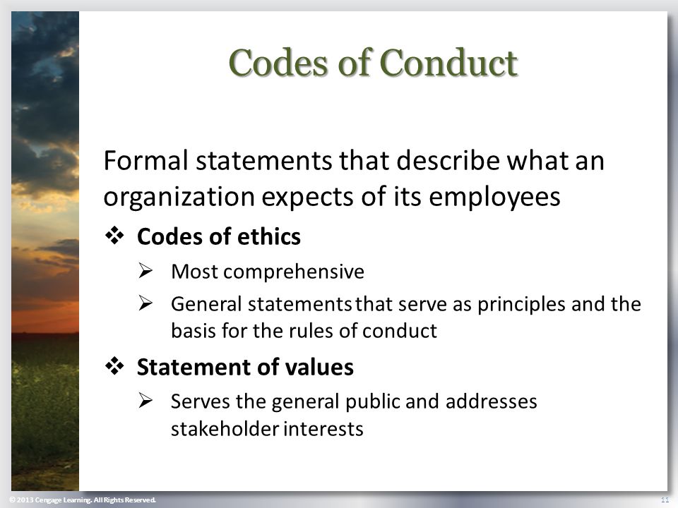 Codes of Conduct Formal statements that describe what an organization expects of its employees  Codes of ethics  Most comprehensive  General statements that serve as principles and the basis for the rules of conduct  Statement of values  Serves the general public and addresses stakeholder interests © 2013 Cengage Learning.