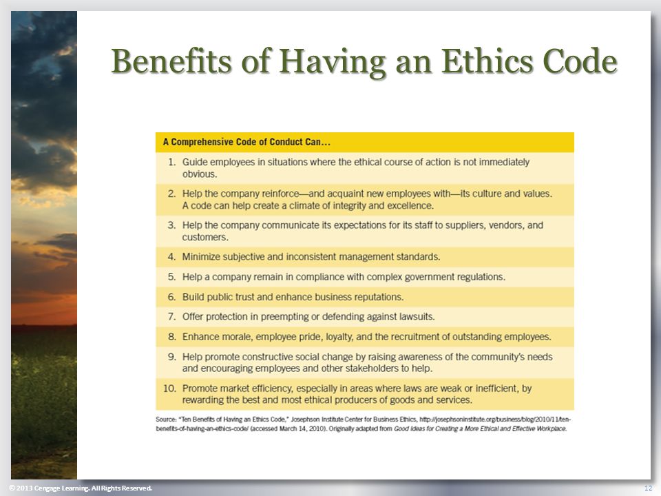 © 2013 Cengage Learning. All Rights Reserved. 12 Benefits of Having an Ethics Code