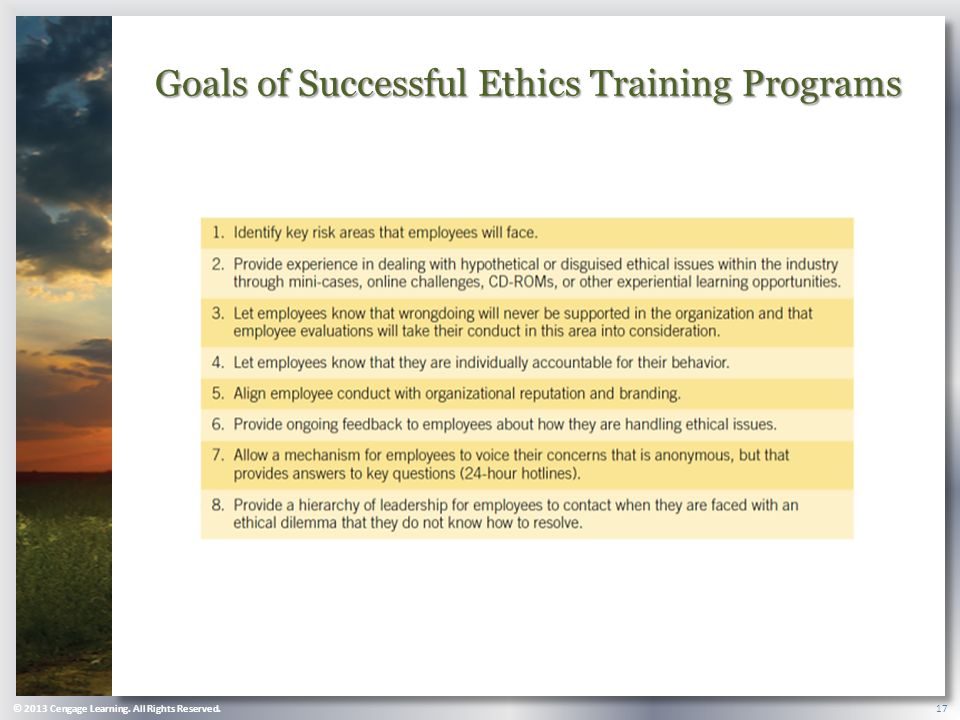 © 2013 Cengage Learning. All Rights Reserved. 17 Goals of Successful Ethics Training Programs