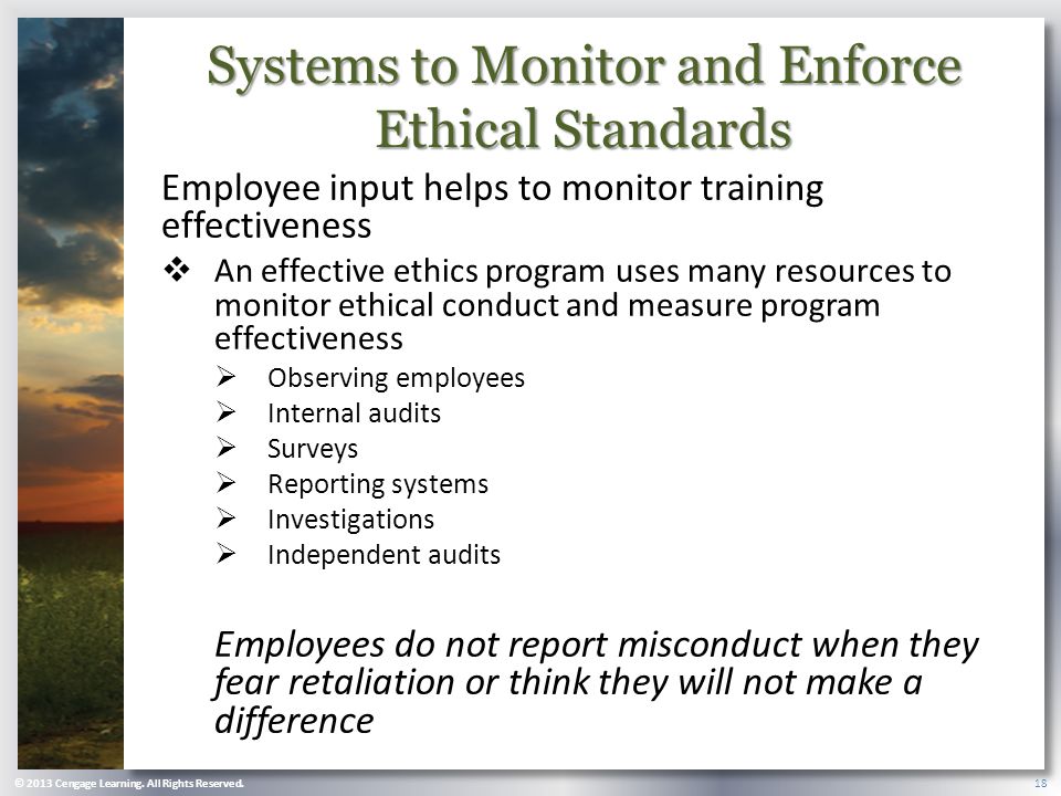 Systems to Monitor and Enforce Ethical Standards Employee input helps to monitor training effectiveness  An effective ethics program uses many resources to monitor ethical conduct and measure program effectiveness  Observing employees  Internal audits  Surveys  Reporting systems  Investigations  Independent audits Employees do not report misconduct when they fear retaliation or think they will not make a difference © 2013 Cengage Learning.