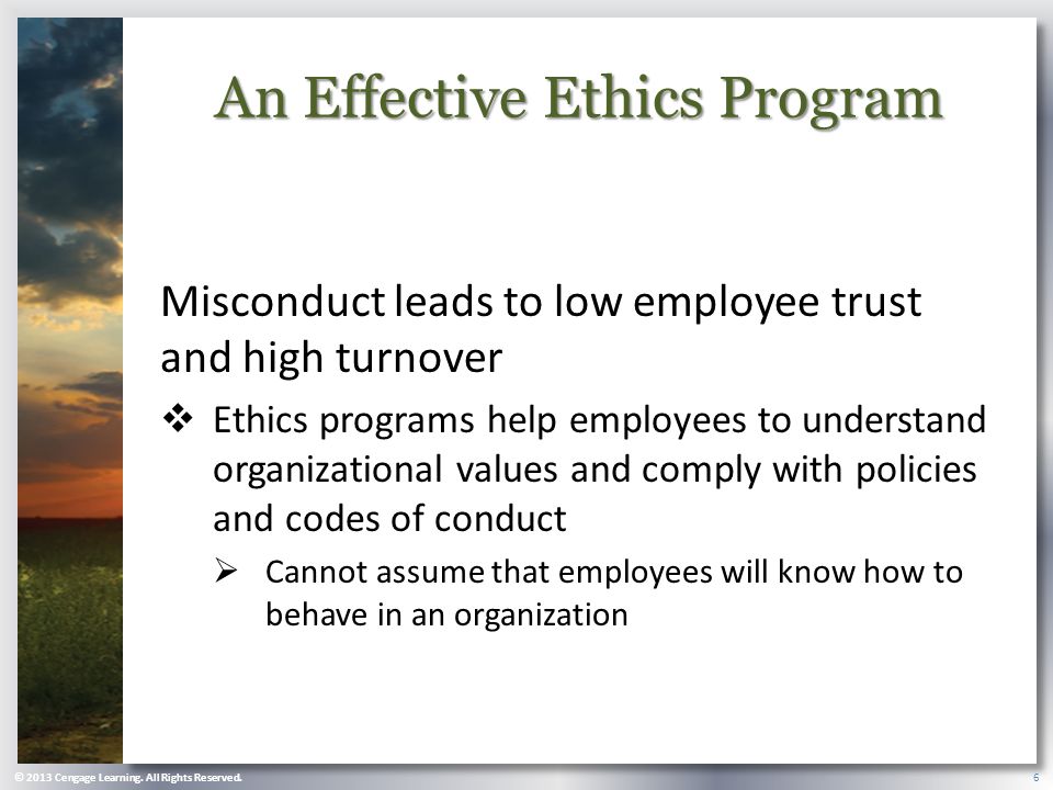 An Effective Ethics Program Misconduct leads to low employee trust and high turnover  Ethics programs help employees to understand organizational values and comply with policies and codes of conduct  Cannot assume that employees will know how to behave in an organization © 2013 Cengage Learning.
