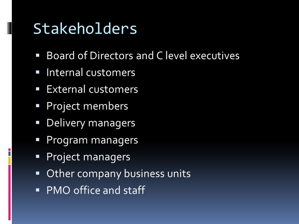 Stakeholders  Board of Directors and C level executives  Internal customers  External customers  Project members  Delivery managers  Program managers  Project managers  Other company business units  PMO office and staff