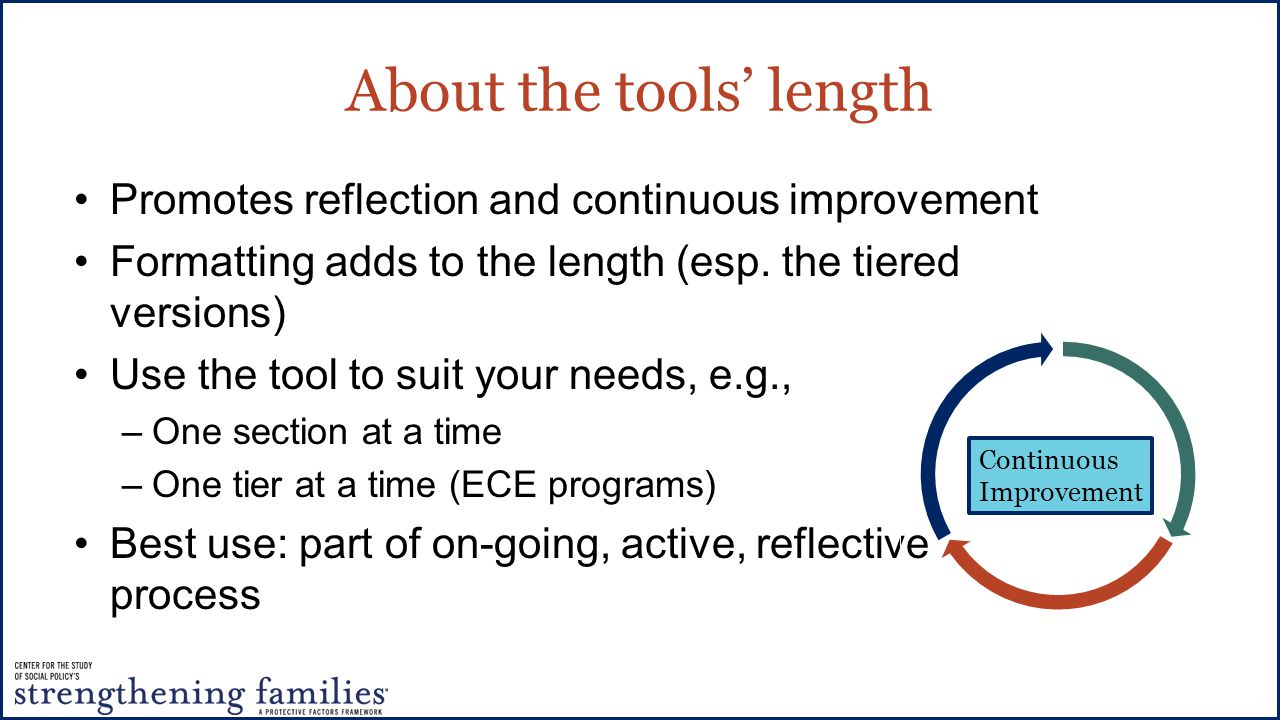 About the tools’ length Promotes reflection and continuous improvement Formatting adds to the length (esp.