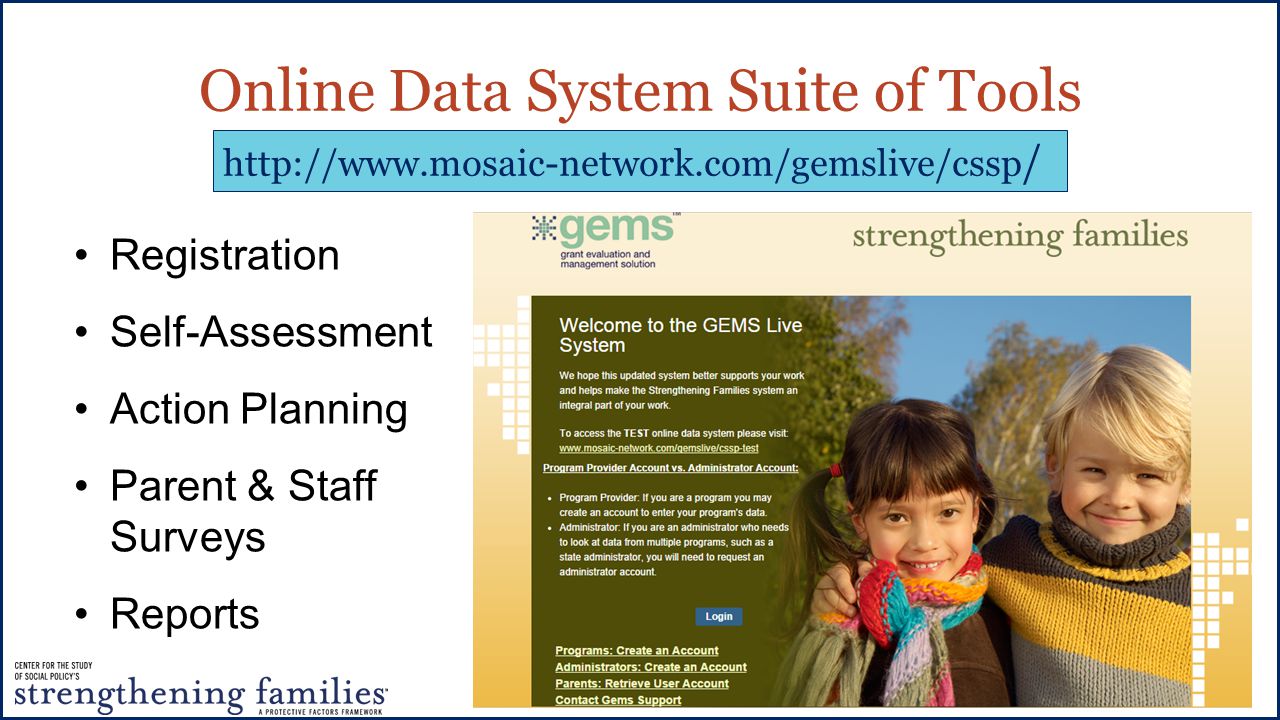 Online Data System Suite of Tools Registration Self-Assessment Action Planning Parent & Staff Surveys Reports   /